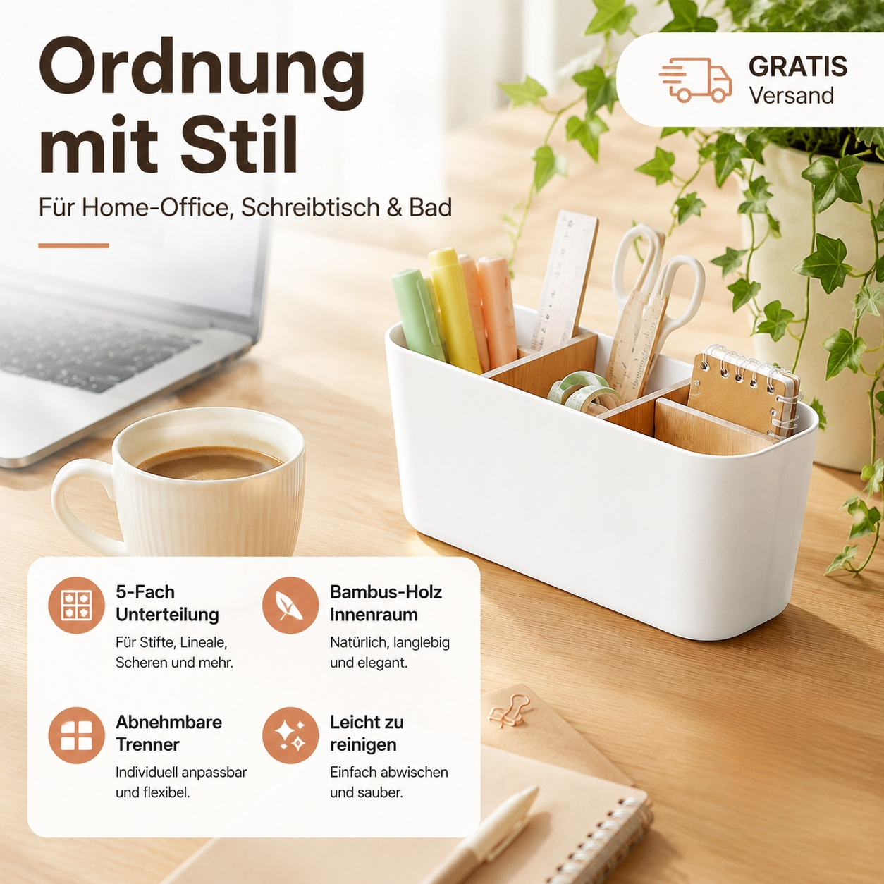 Bambus-Holz Schreibtisch-Organizer mit mehreren Fächern