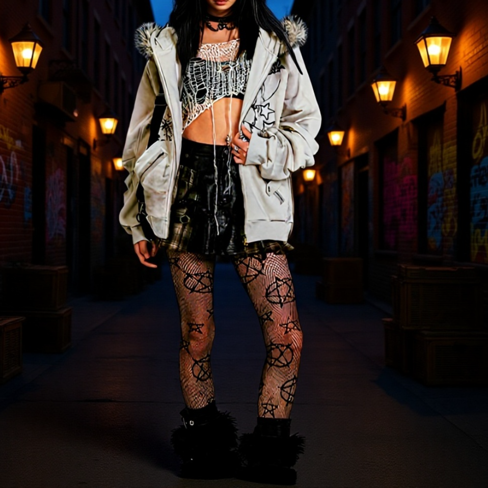 レトロアメリカン うさ耳フードパーカー 裏起毛 プリント入り レディースアウター 秋冬