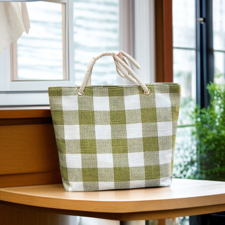 Big Plaid Canvas Tote Bag, Spacious Shoulder Handbag