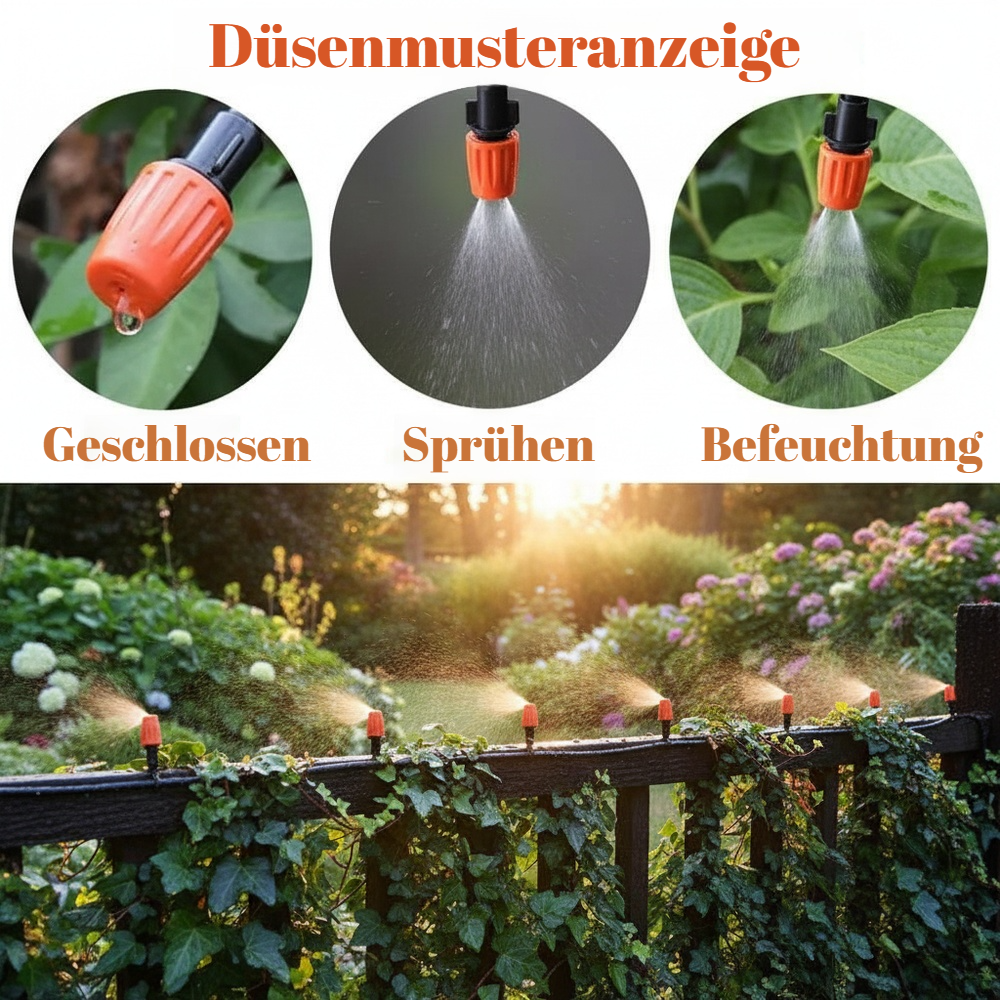 Nahaufnahme der verstellbaren orangen Nebeldüse im Einsatz