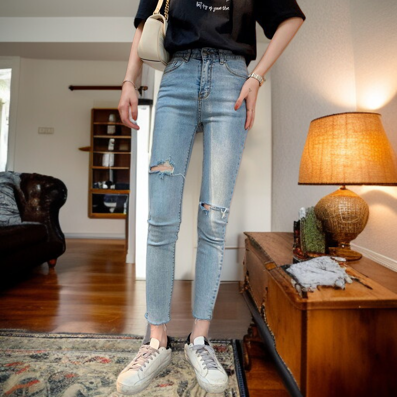 ファッションホールジーンズスリムストレッチタイトペンシルパンツレディースライトカラーレギンス