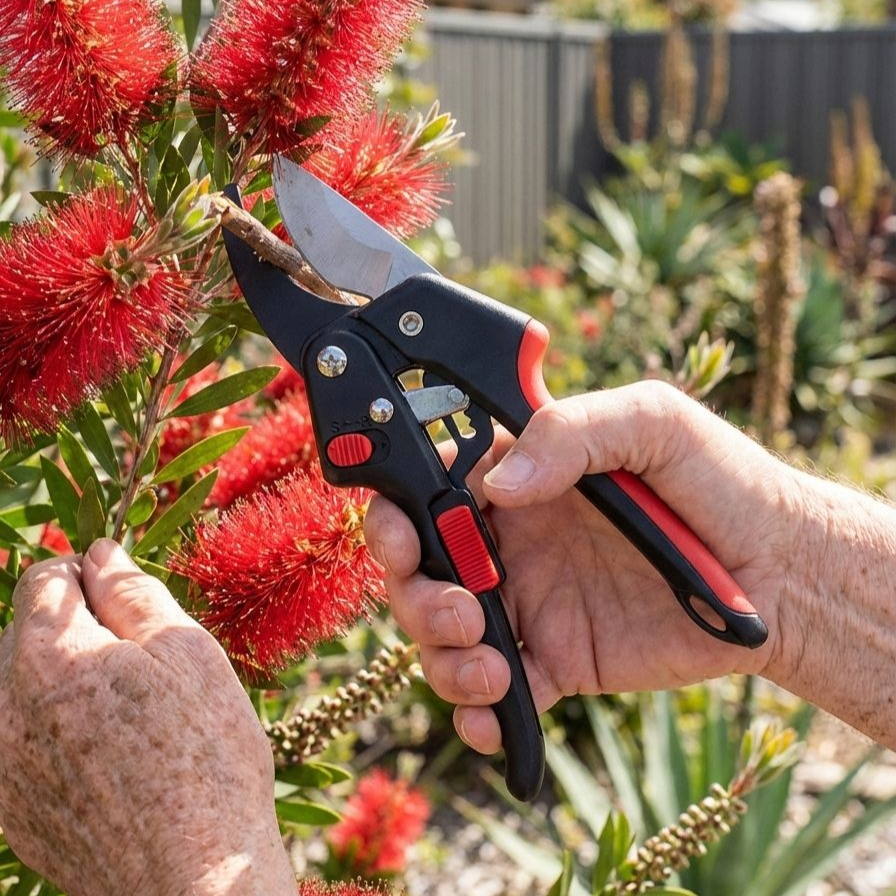 剪定ばさみで枝を切る瞬間の画像