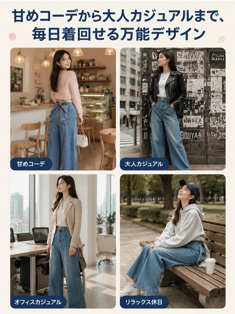 レディースウエストリボンワイドデニムパンツ 