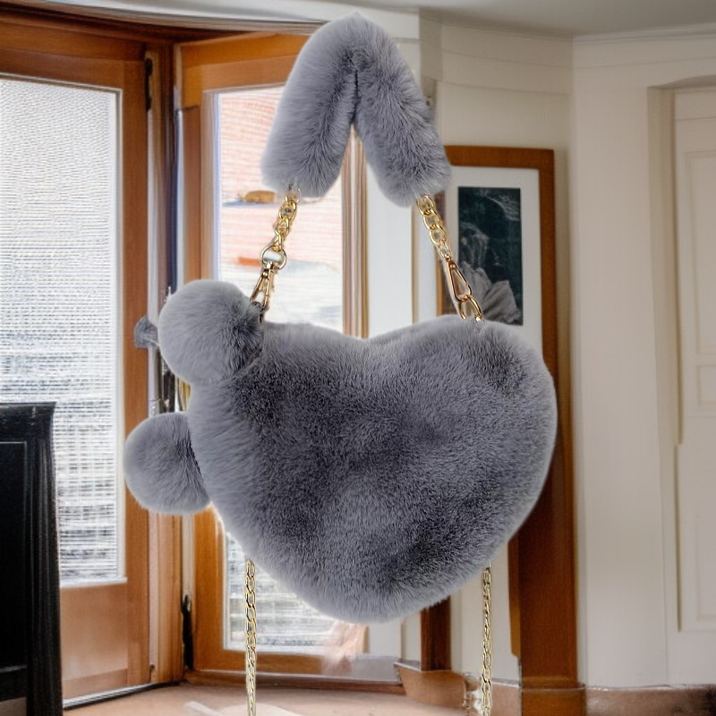 Damen Handtasche aus Plüsch mit Kette und Herzmotiv
