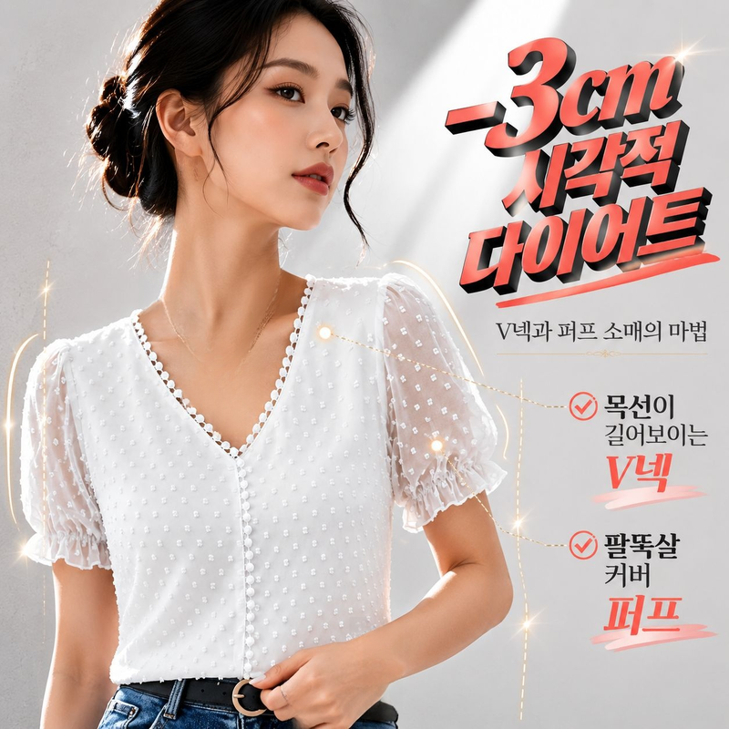 여성용 여름 레이스 배색 쉬폰 자카드 V넥 반팔 티셔츠