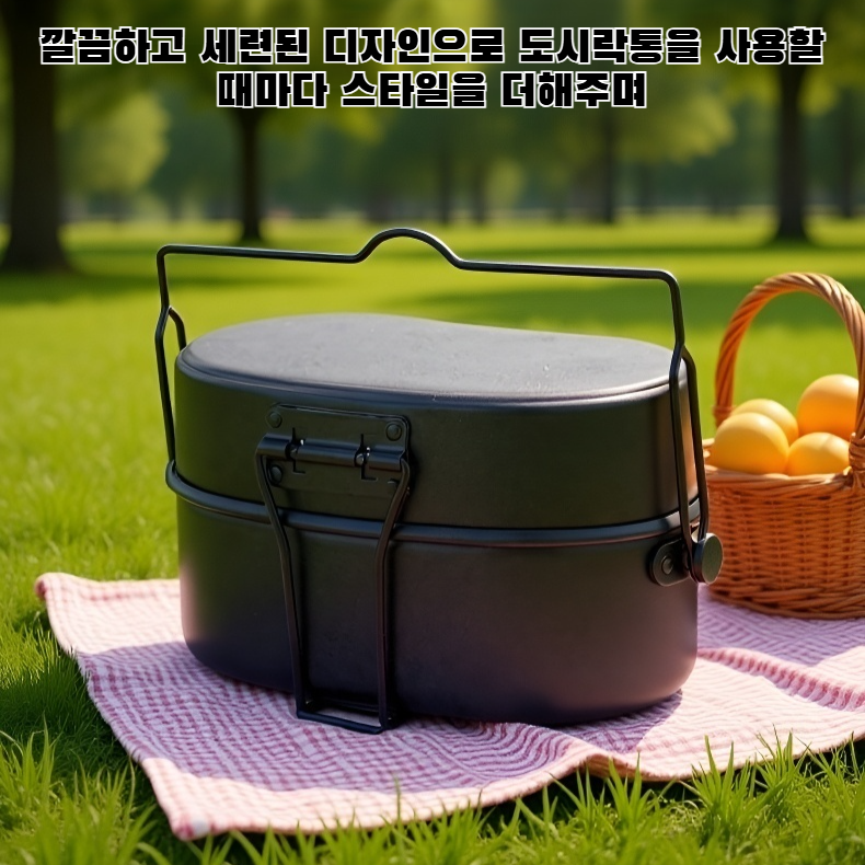 손잡이가 있는 이중 알루미늄 도시락통 정면 사진