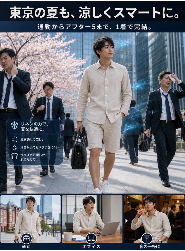 メンズリネン長袖シャツ+ショートパンツセットアップ - detail 19