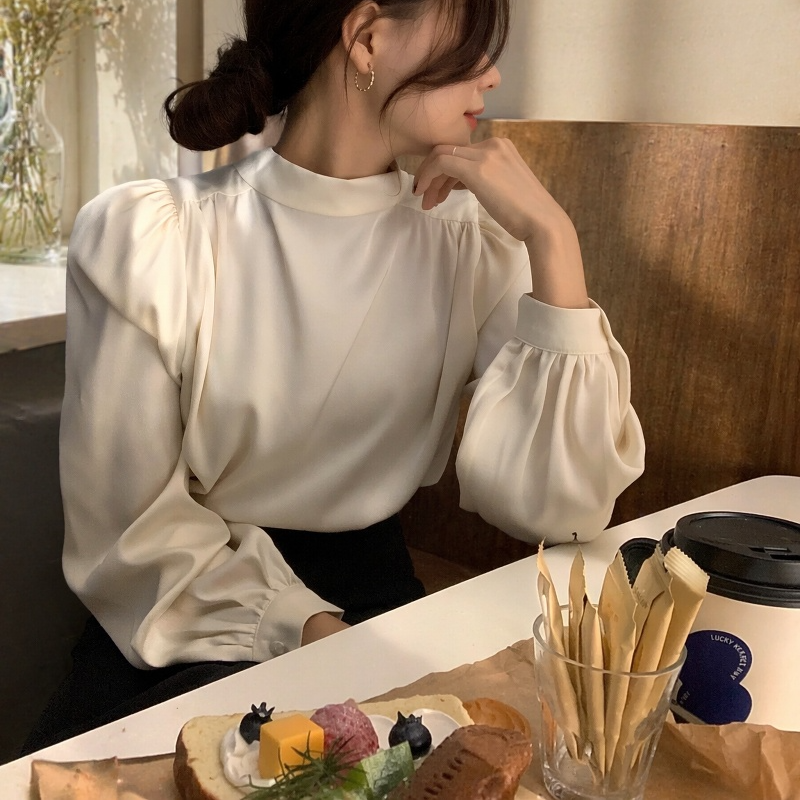 이른 봄 가을 신상 프렌치 엘레강스한 양면 퍼프소매 끈 블라우스 상의녀