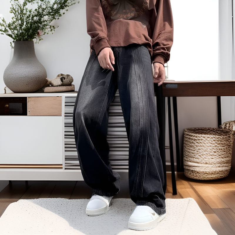 한국판 빅사이즈 패션 남성복 패치 데님 팬츠 남 스트레이트 루즈핏 데일리룩 가을 겨울 긴바지