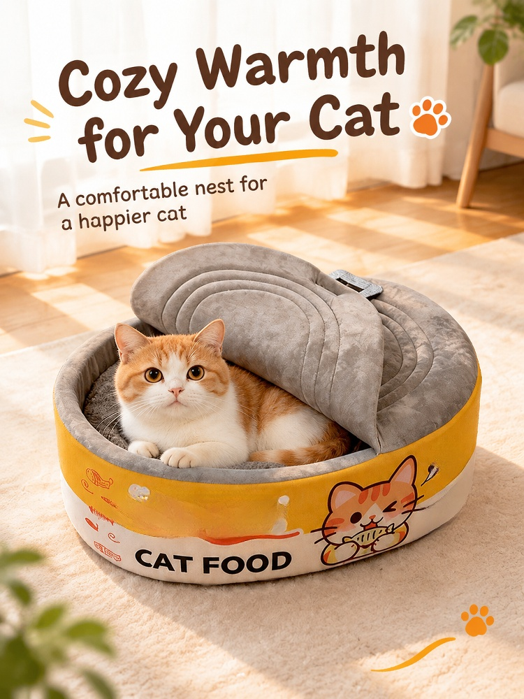 Cat resting inside a food can shaped pet bed