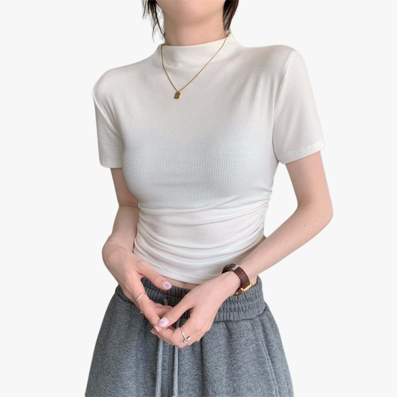 쇼트 이너 슬림 반폴라 학생 이너 주름 반팔 티셔츠 여자 이너 반폴라 슬림 반팔 셔츠