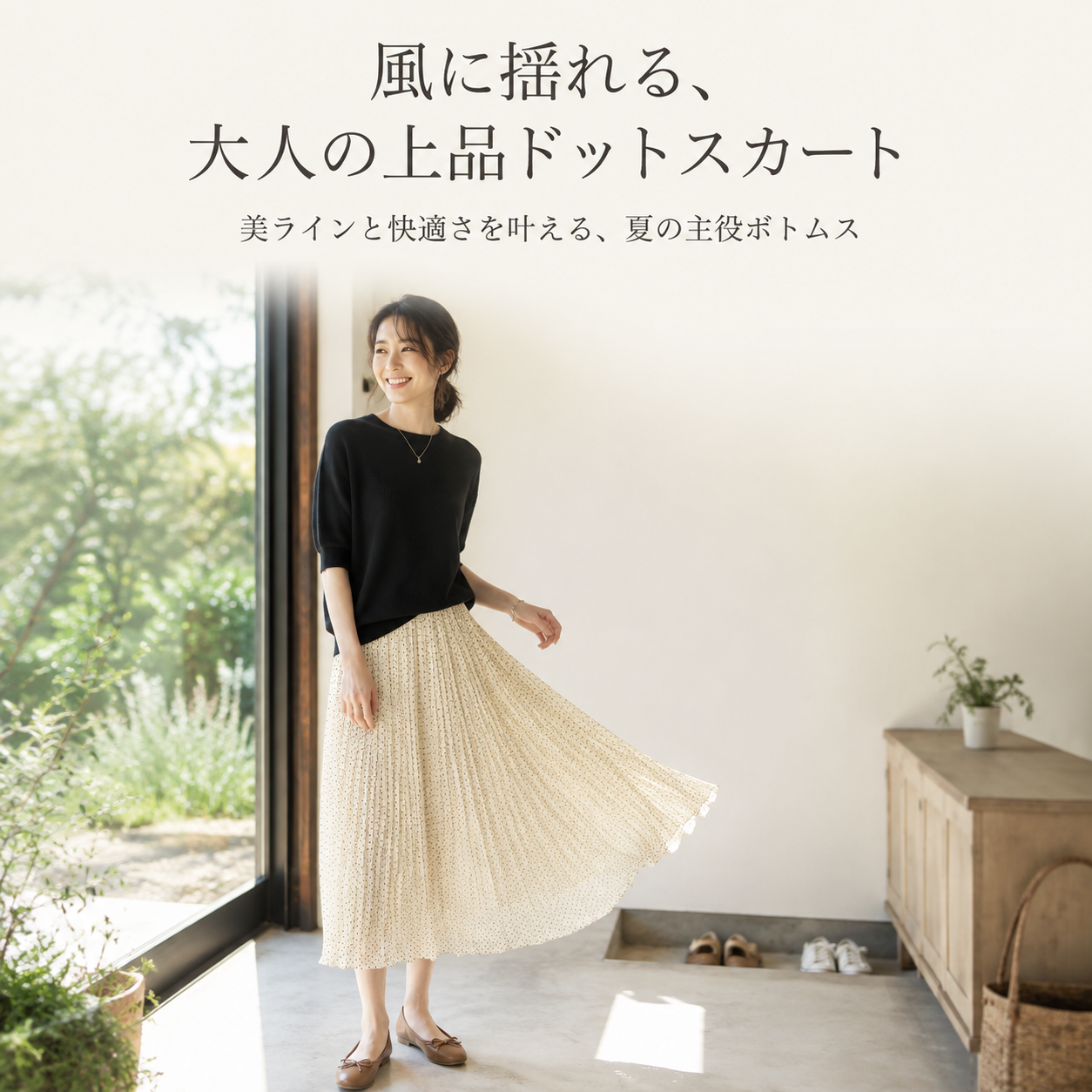 夏のドット柄ハイウエストスカート 女性用ファッション