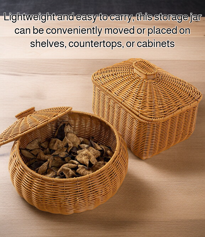 Close-up of woven design on rattan storage jar