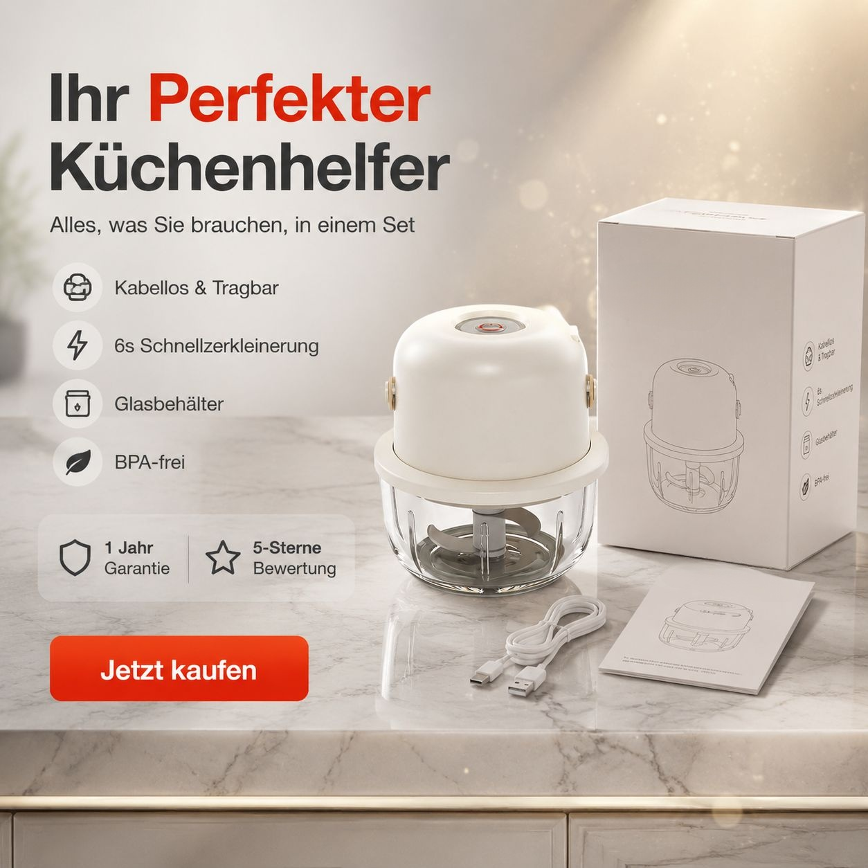 Kompakter Allzweckmixer zum Zerdrücken von Knoblauch und Hackfleisch