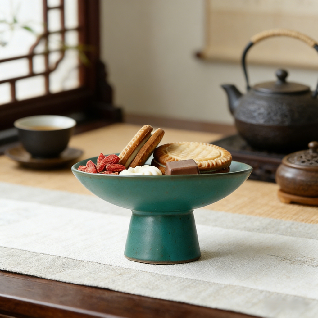 茶點盤陶瓷家用粗陶高腳幹果盤