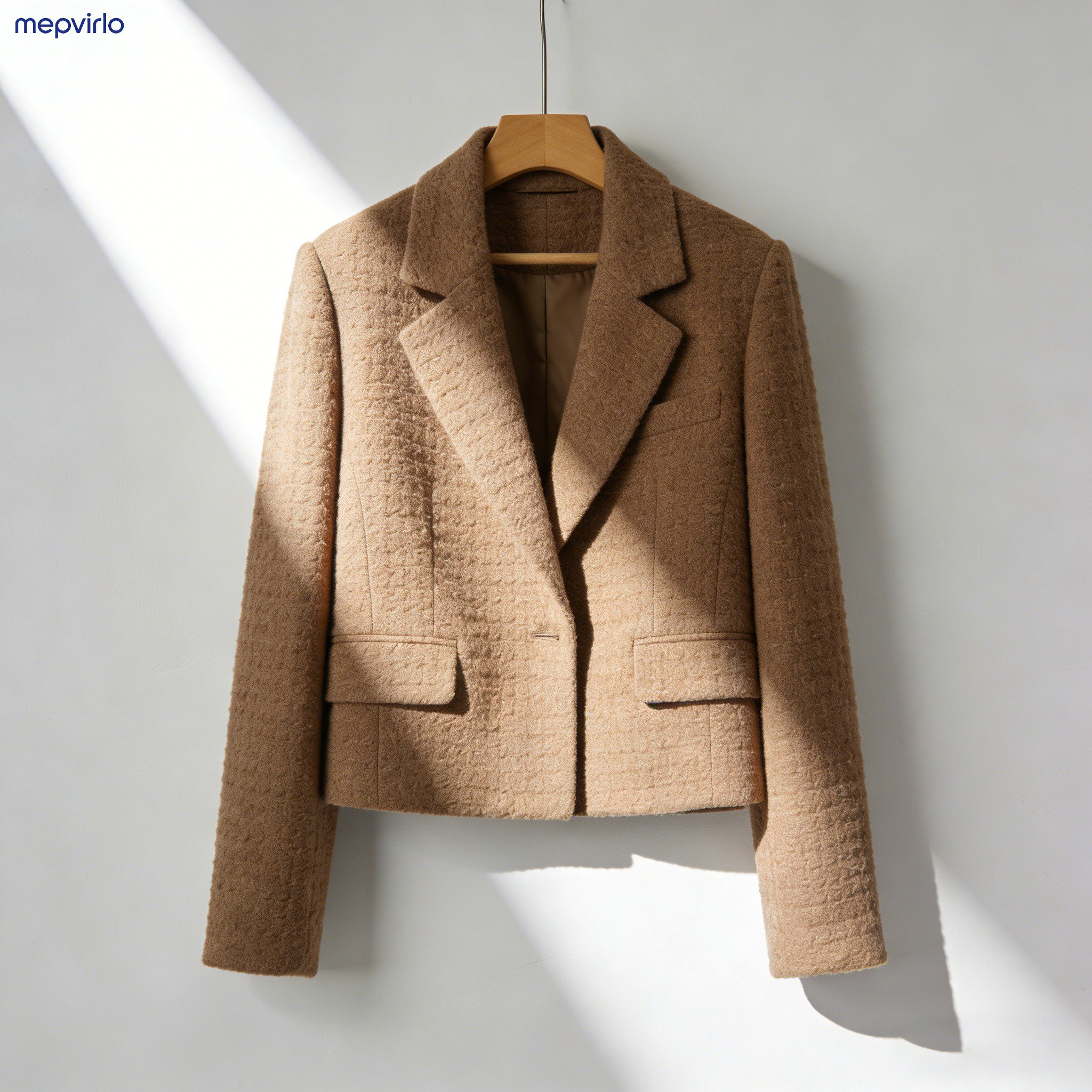 남성이 카키색 반바지 정장 재킷을 착용한 모습