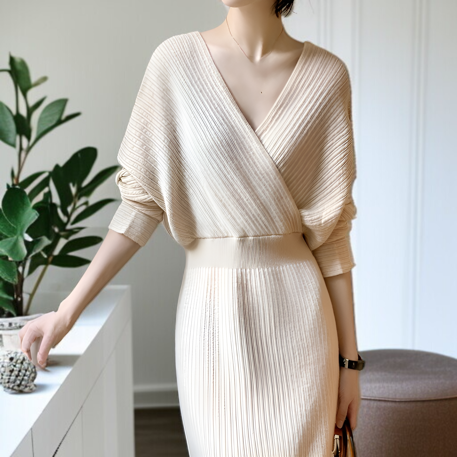 秋冬新作 韓国風Vネックタイトニットワンピース 長袖スリムフィット レディース