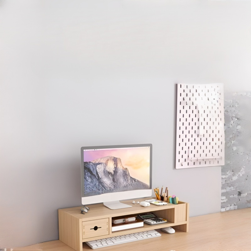Ergonomic Wooden Monitor Riser with Drawer & Keyboard Storage Space-saving Desk Organizer