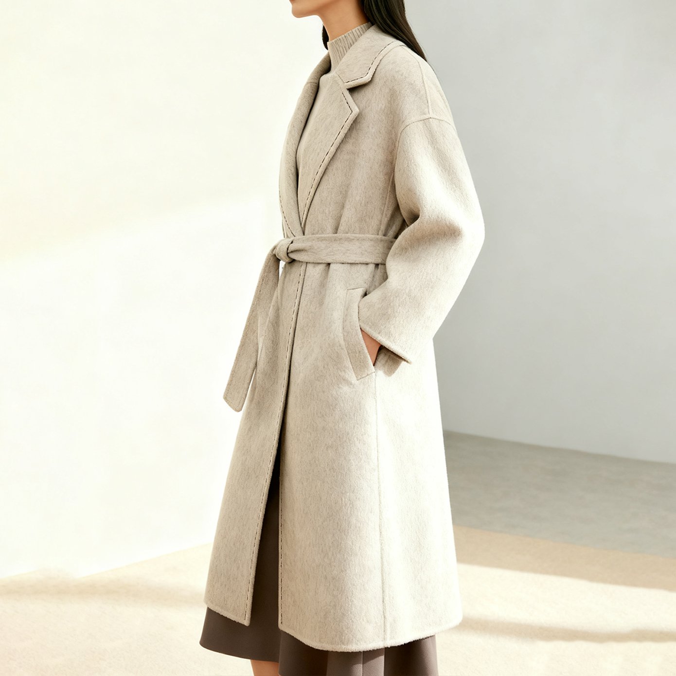 上質カシミヤ素材のロングコート詳細