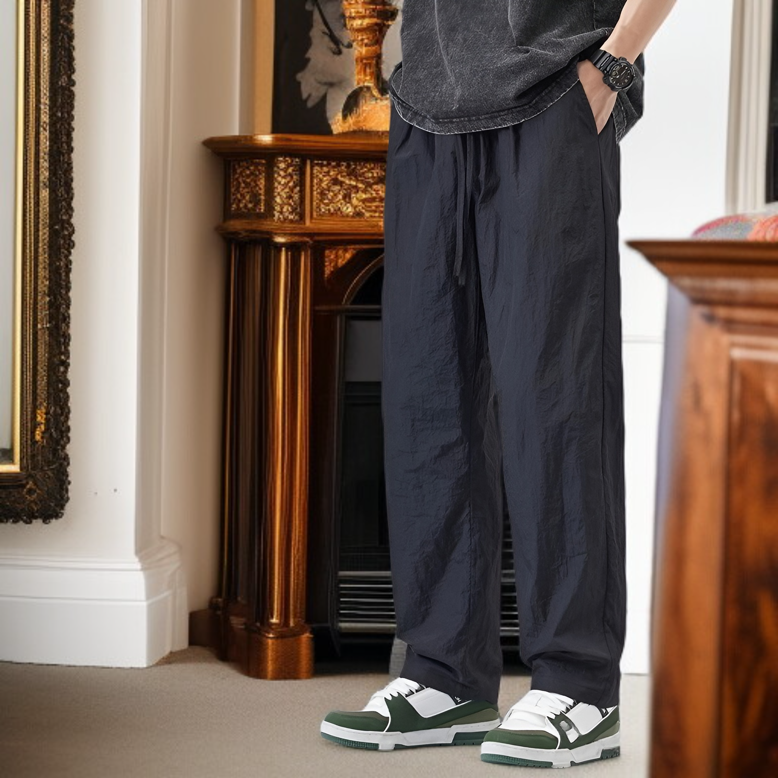 クールアイスシルクパンツメンズ夏薄手速乾ゆったりストレート作業着メンズパンツ夏スポーツカジュアルズボン