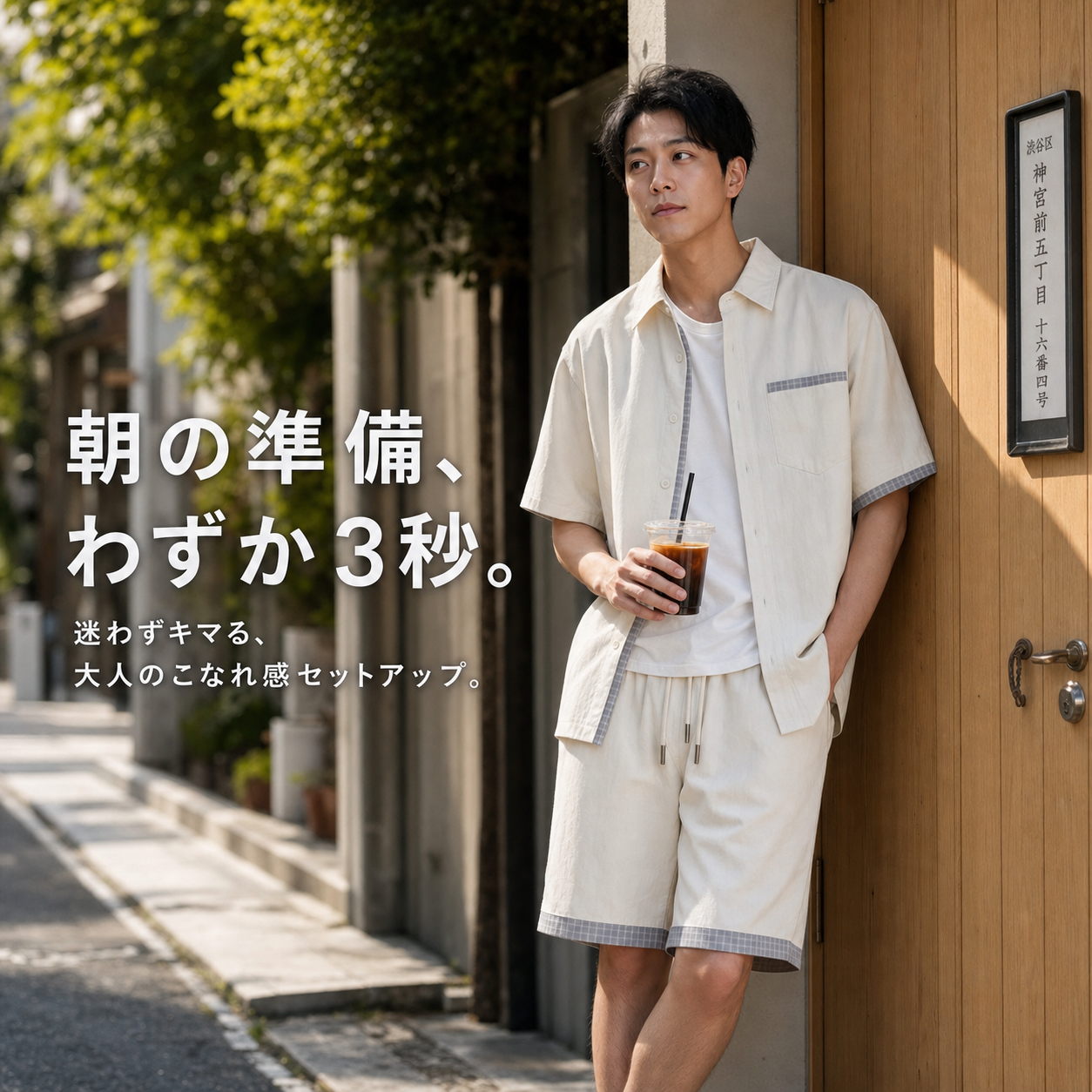 メンズ夏カラーブロックチェック半袖シャツセット
