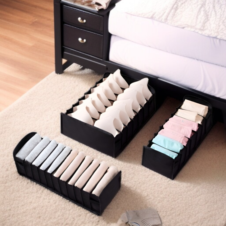 Foldable storage box placed in a dresser drawer