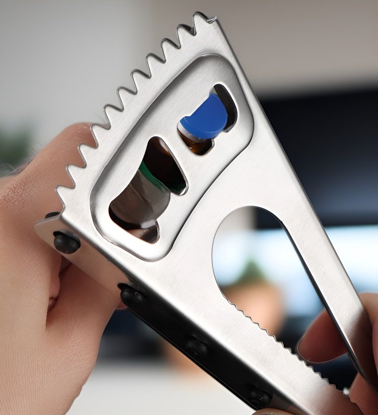 Abridor portátil de acero inoxidable en uso