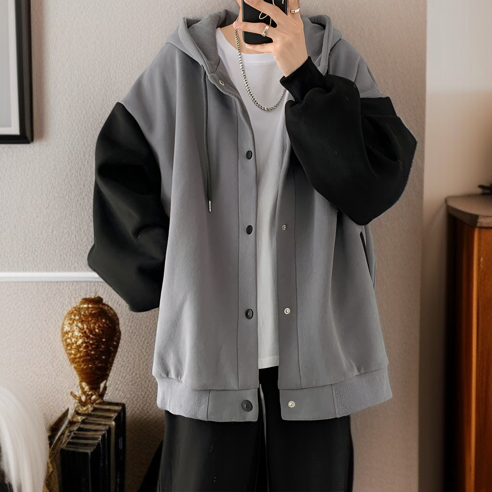 香港スタイルの秋と冬の男性用カジュアルカーディガンジャケット、ベルベットと厚みのあるトレンディなスプライシングスウェットシャツ、ルーズフード付きスウェットシャツ、カップル着用