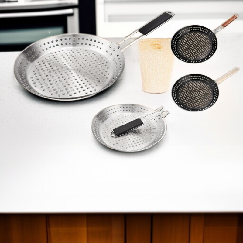 휴대용 Bbq 불판 야외 접이식 야채판 원형 펀칭 불판 나무 손잡이 야외 바베큐 접시