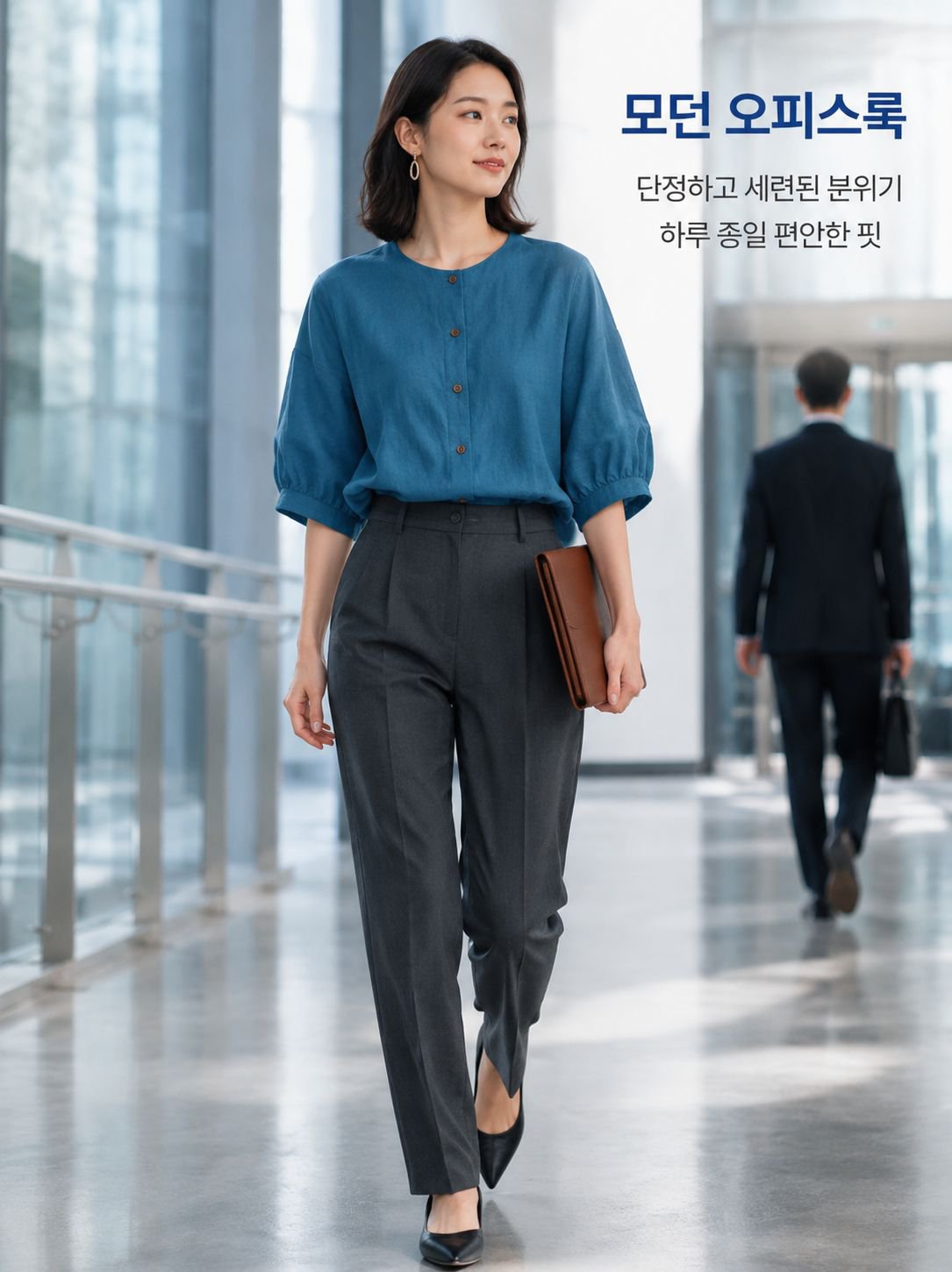캐주얼 면마 벌룬소매 여성 셔츠