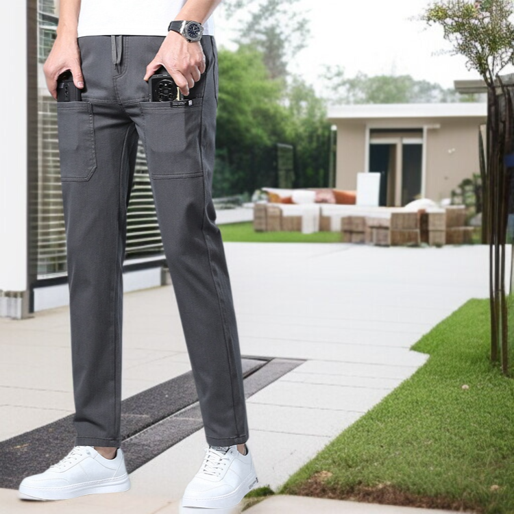 남자 여름 캐주얼 팬츠 작은 일자 아이스 원단 고탄력 팬츠 디자인 남자 데님라이크 6포켓 밴딩 허리 얇은 캐주얼 팬츠