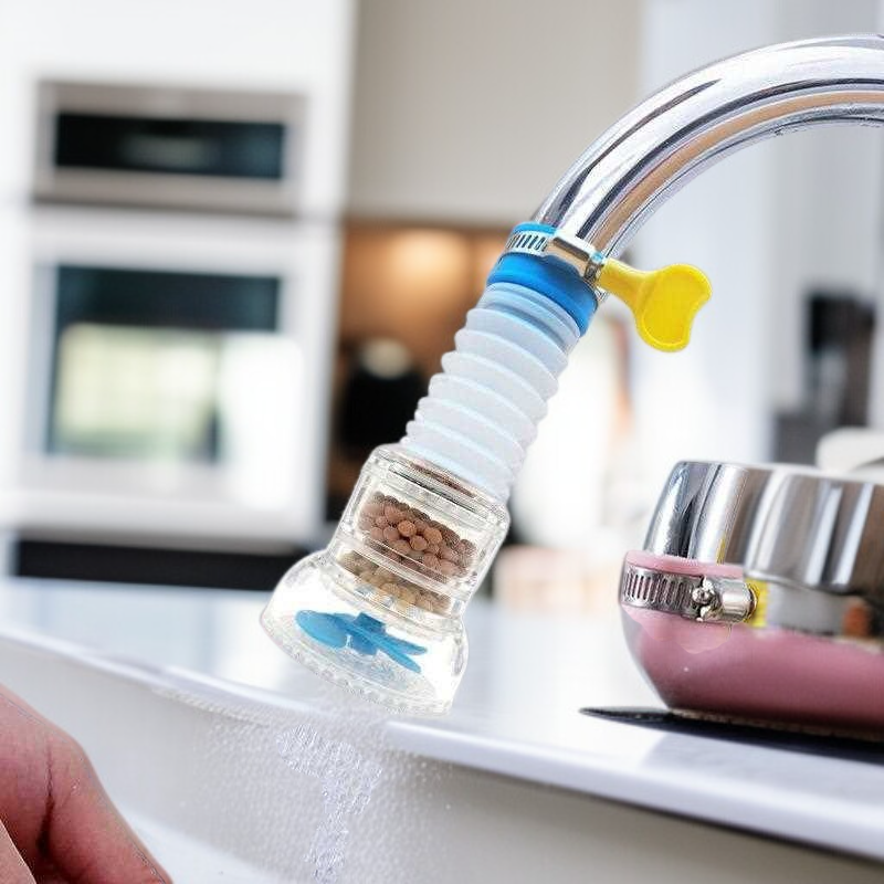 Grifo de cocina con rociador giratorio, filtro de agua y función anti-salpicaduras, extensible