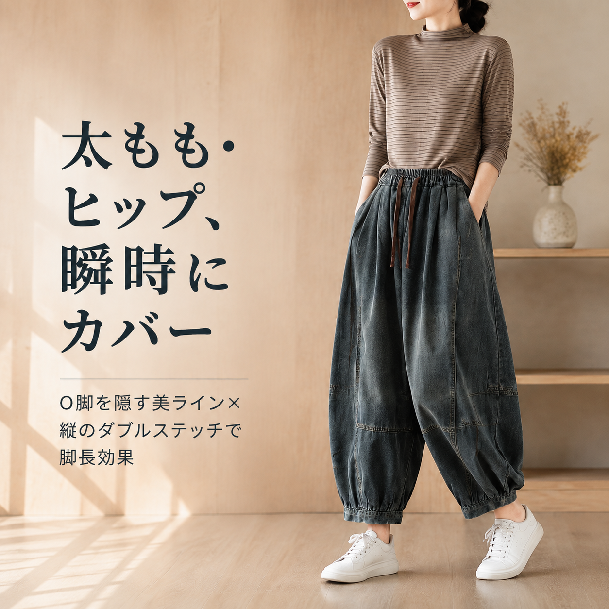 レディースゴムウエストゆったり大きいサイズ切り替えデニム九分丈ハーレムパンツ