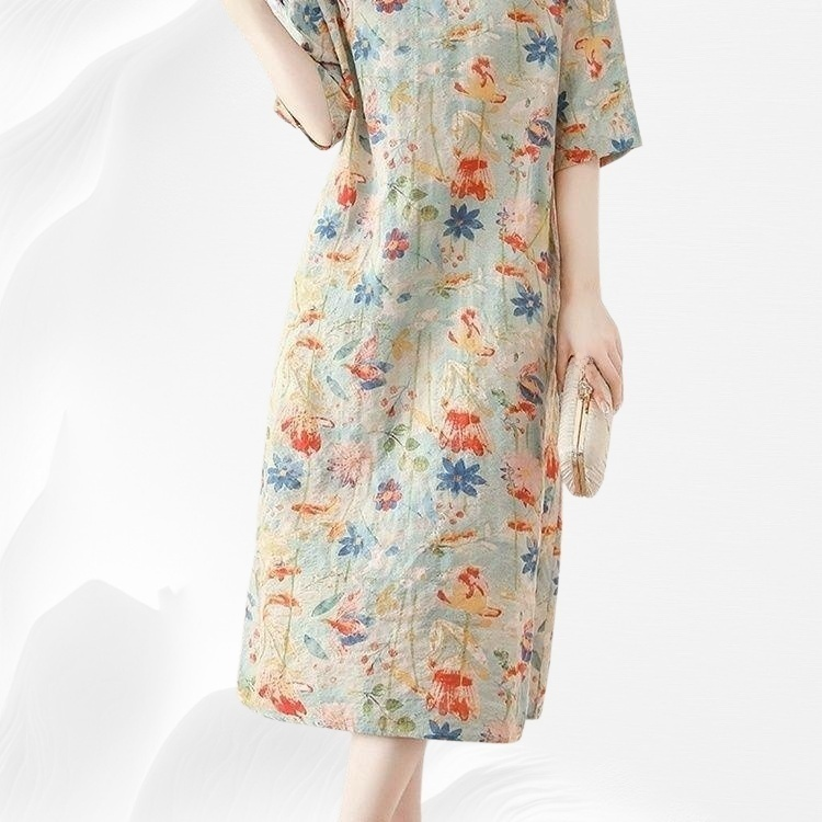 เดรสสไตล์จีนใหม่ ผ้าฝ้ายผ้าลินิน คอจีนติดกระดุม ลายดอกไม้ แขนสั้น ใส่สบายในฤดูร้อน