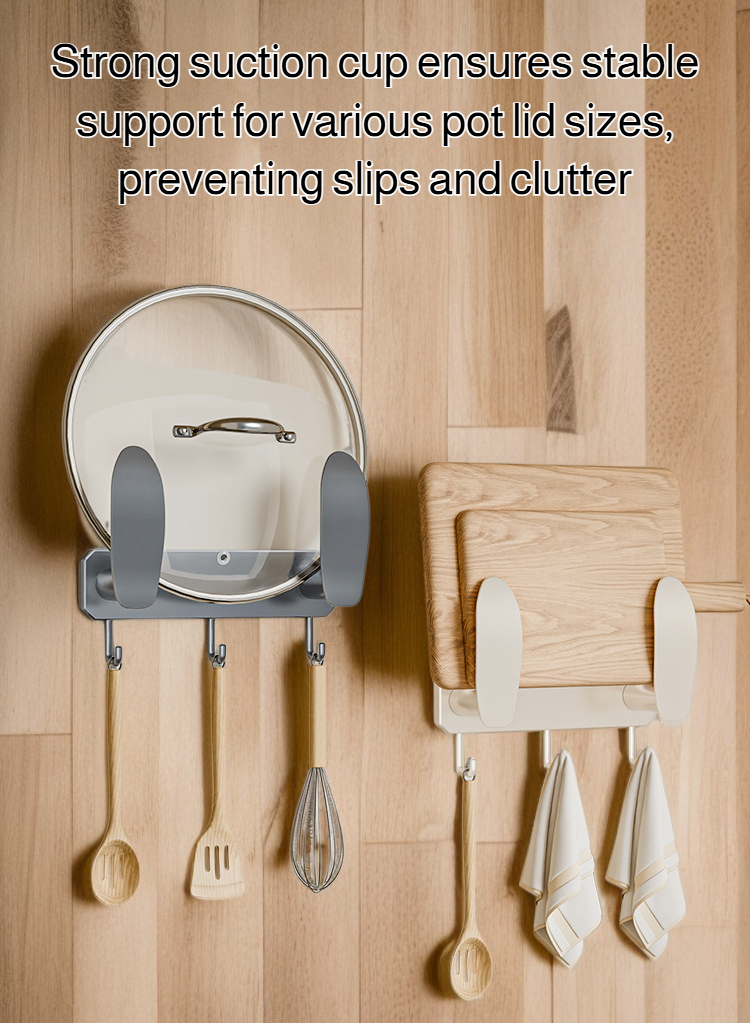 Punch-free wall-mounted suction cup pot lid rack installed in kitchen