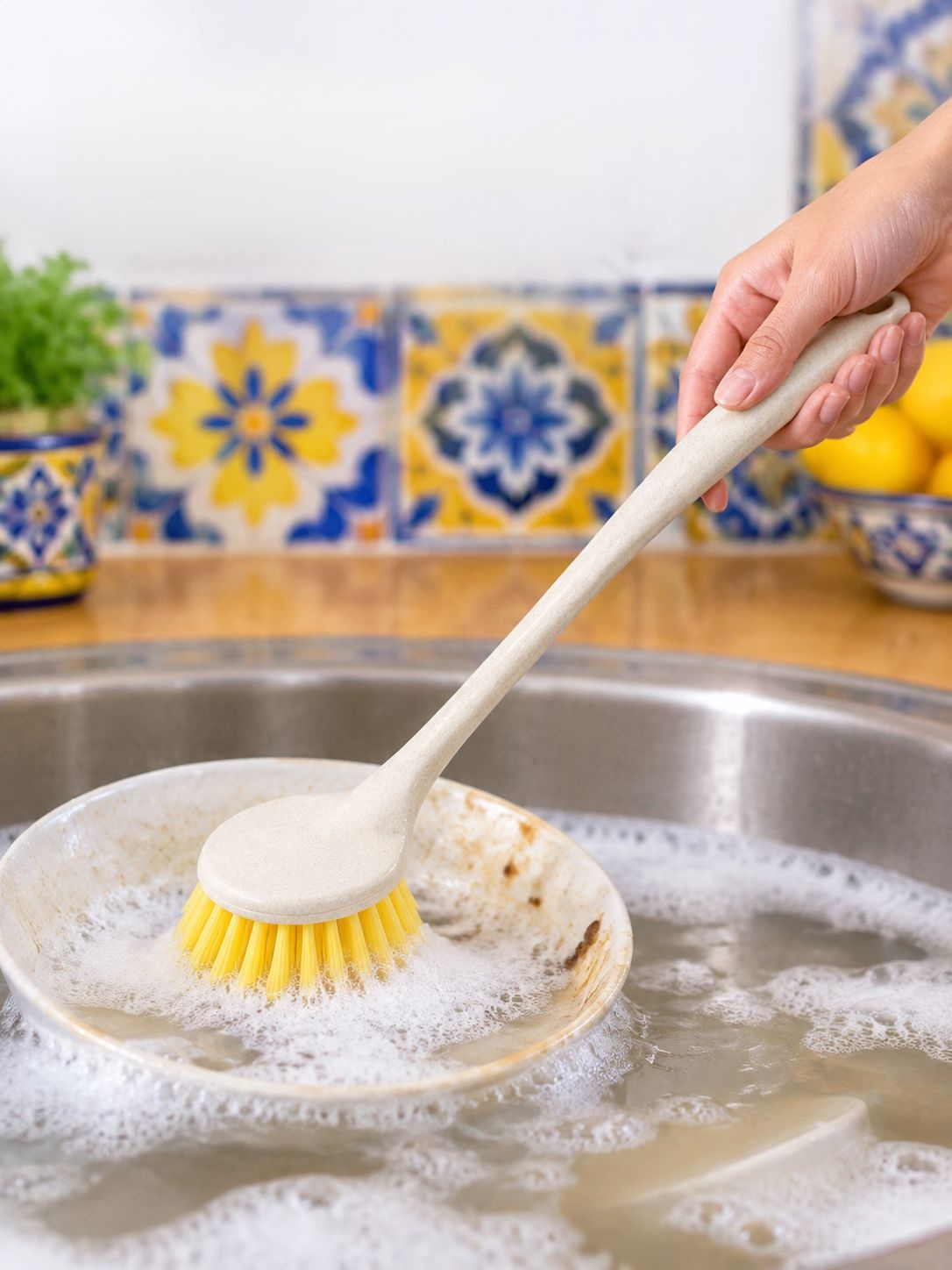 Cepillo de mango largo para limpiar vajilla y sartenes