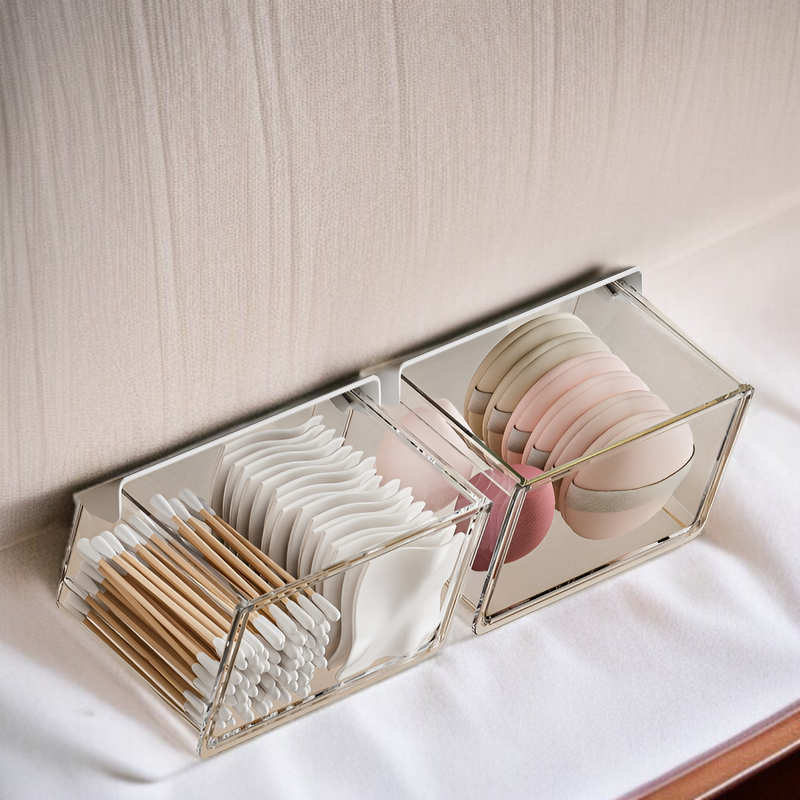 33°の傾斜角度で出し入れしやすいテーブル下収納ボックス。シンプルで透明な引き出し式で、オフィス、トイレ、洗面台、バスルームなどに最適な防水収納ボックスです。