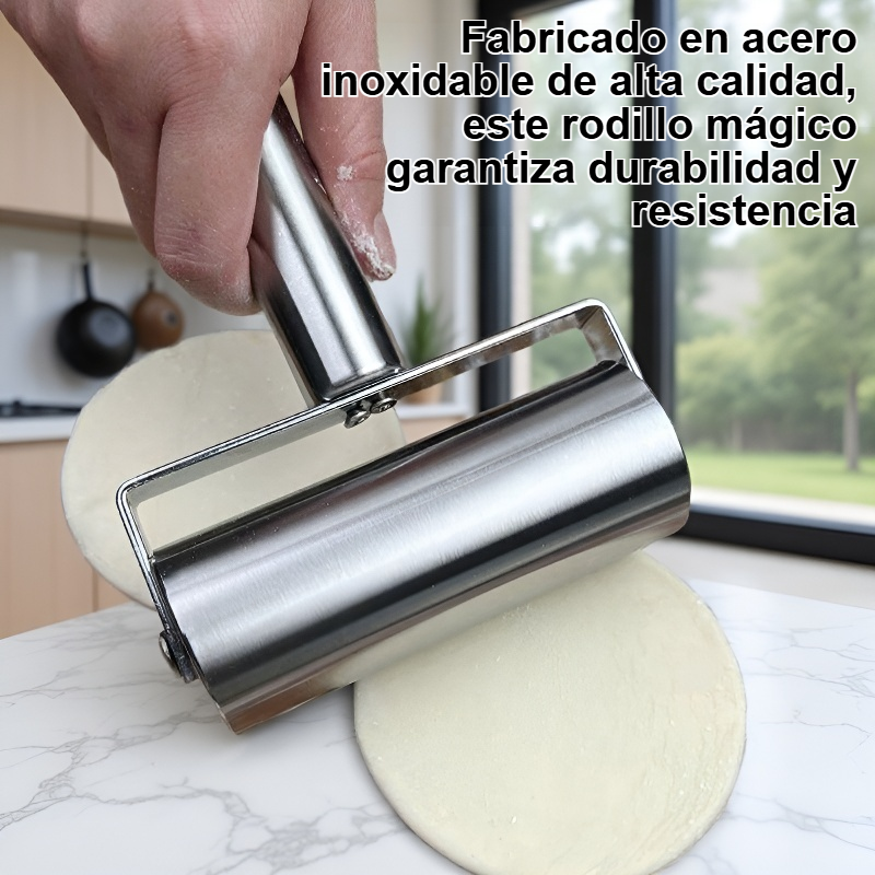Un rodillo mágico, fabricado en acero inoxidable, perfecto para hornear y la cocina.