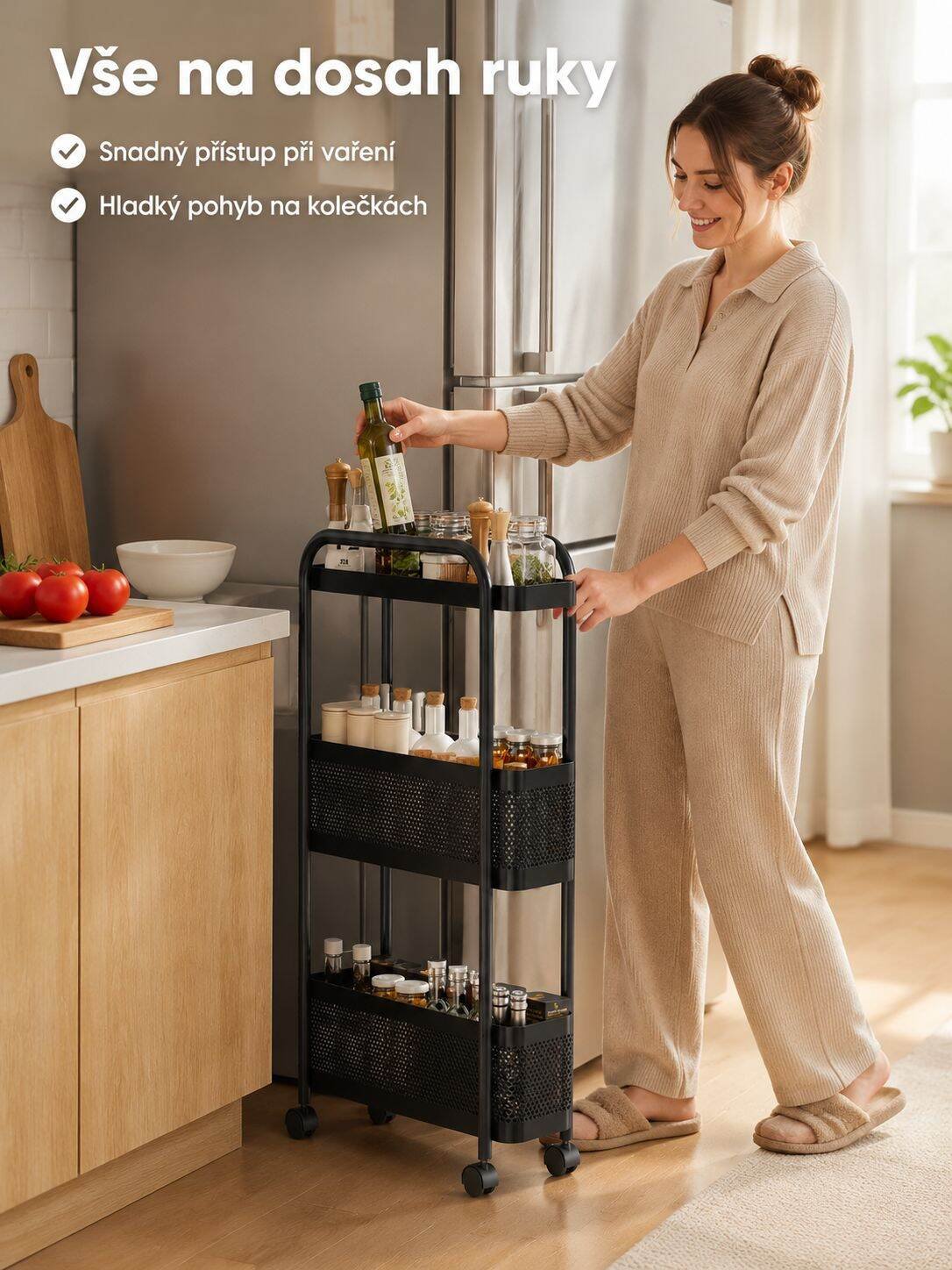 Multifunkční úložný vozík do mezery u lednice