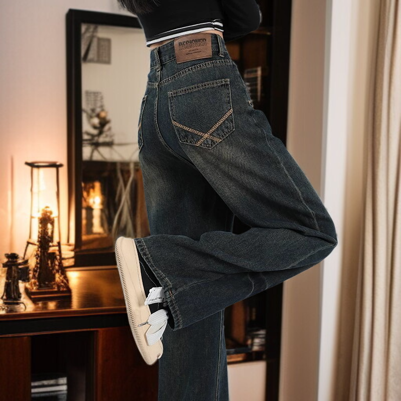 키 작은 여자 청바지 여하이웨스트 슬림핏 통 청바지 시멘트 스트레이트 진