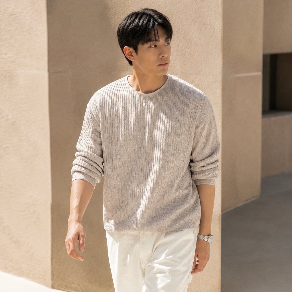 남성용 가을 라운드넥 니트 긴팔 티셔츠