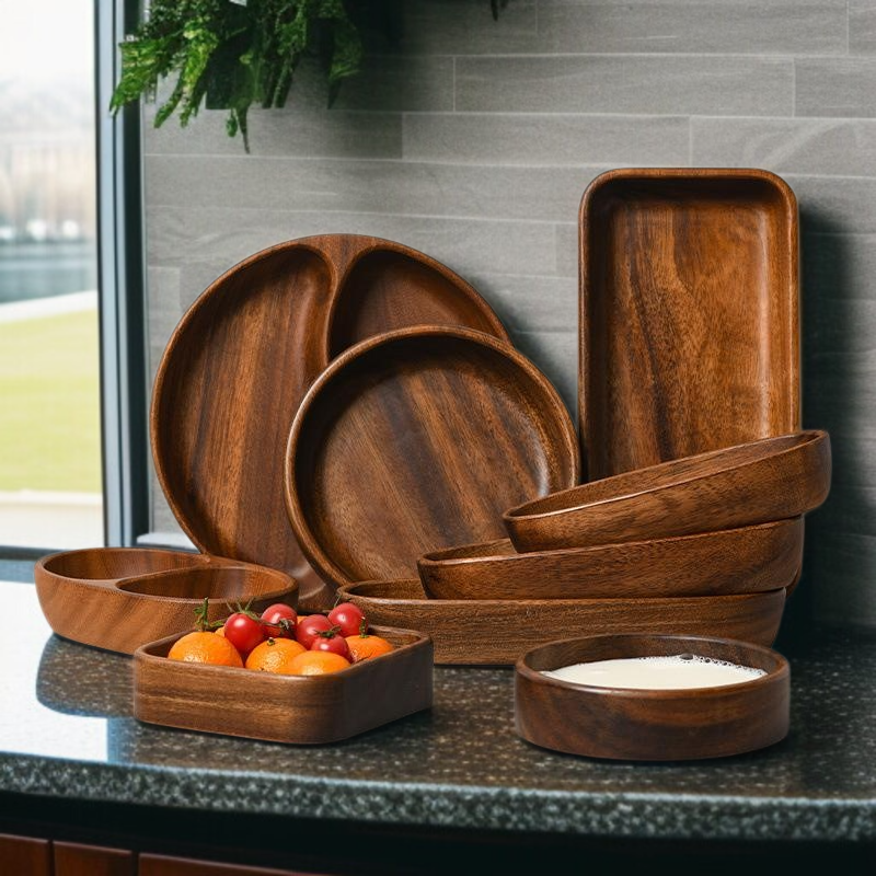 Walnut fruit plate solid wood round salad bowl plate dinner plate household fruit plate wooden tray
