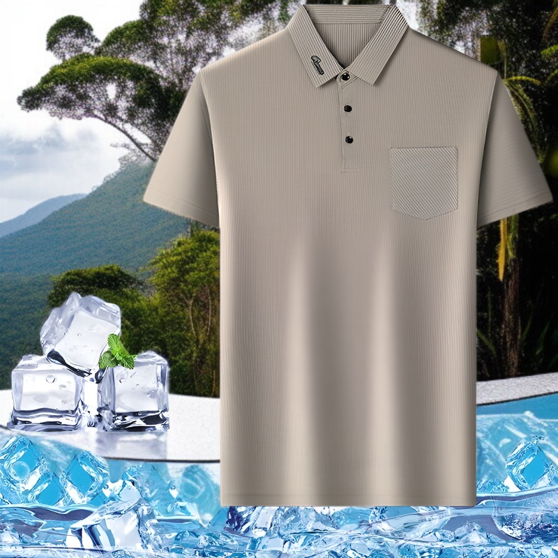 남자 중년 아빠 여름 상의 고탄력 터틀넥 루즈핏 아이스 반팔 티셔츠 상의 얇은 고탄력 여름 상의 시원한 스트라이프 셔츠 상의