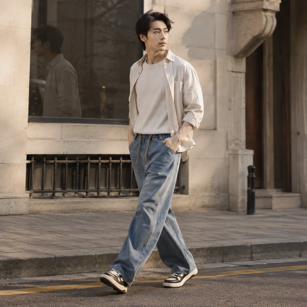 남성 패션 루즈핏 커브드 진 캐주얼 팬츠