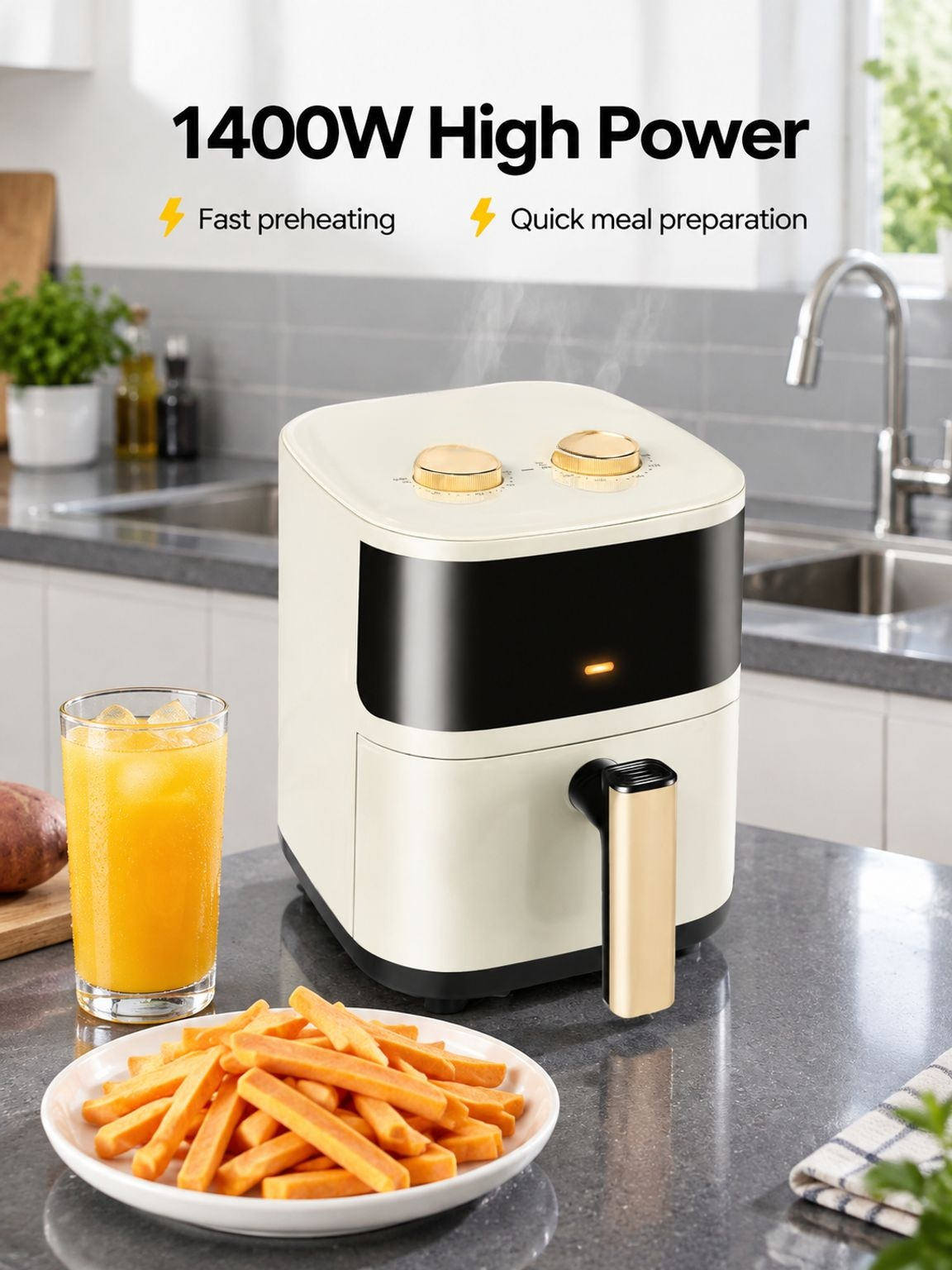 Low-oil air fryer preparing crispy golden potato wedges