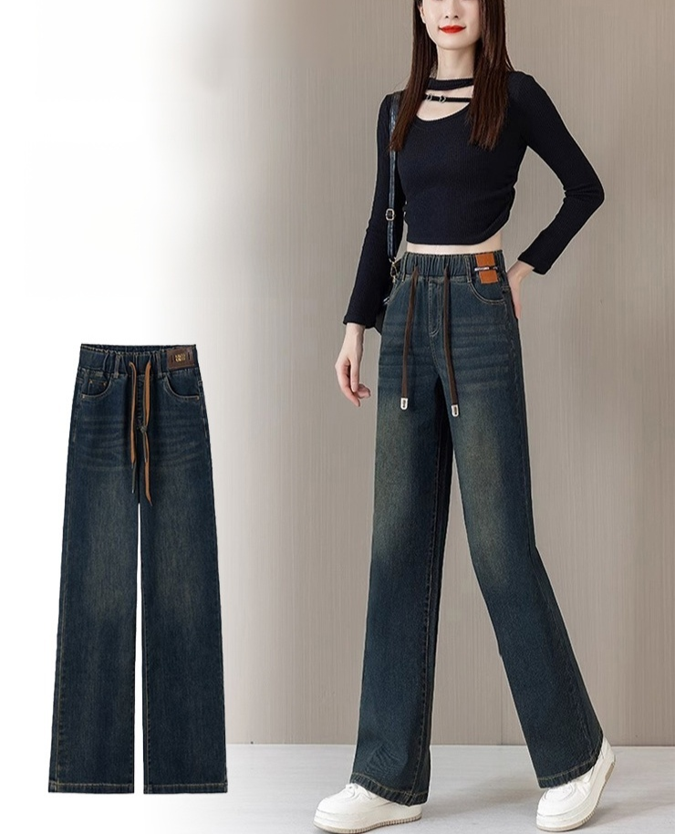 고무 웨스트 데님 와이드 팬츠