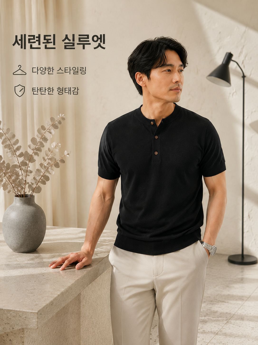 남성용 헨리넥 캐주얼 반팔 티셔츠