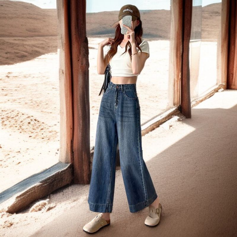 بنطال جينز نسائي واسع الأرجل بخصر عالي من قماش التنسل