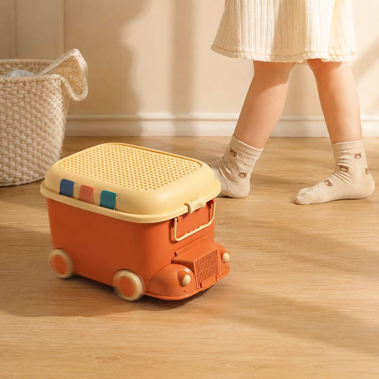 Train-shaped storage bin used as kids room decor
