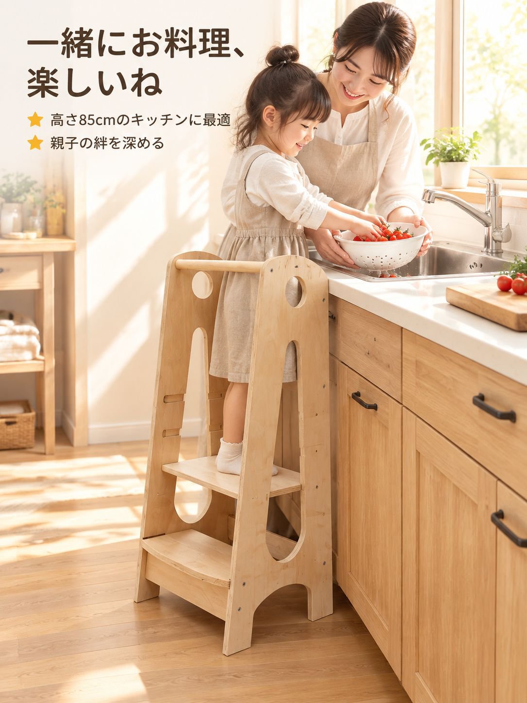 キッチン用木製子供用ステップスツール（高さ調節可能）
